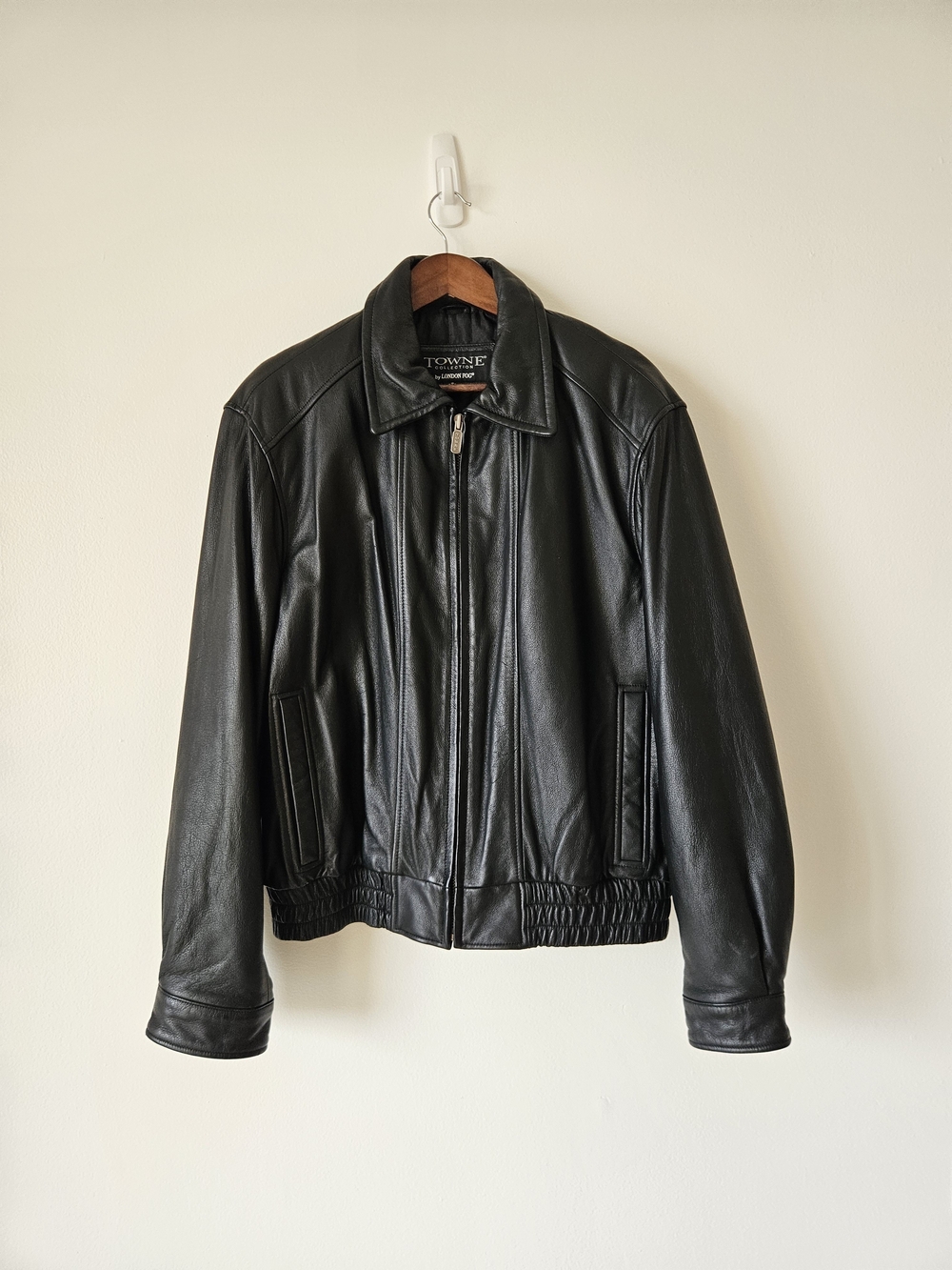 Towne Collection By London Fog Black Leather Bomber Jacket Size Small